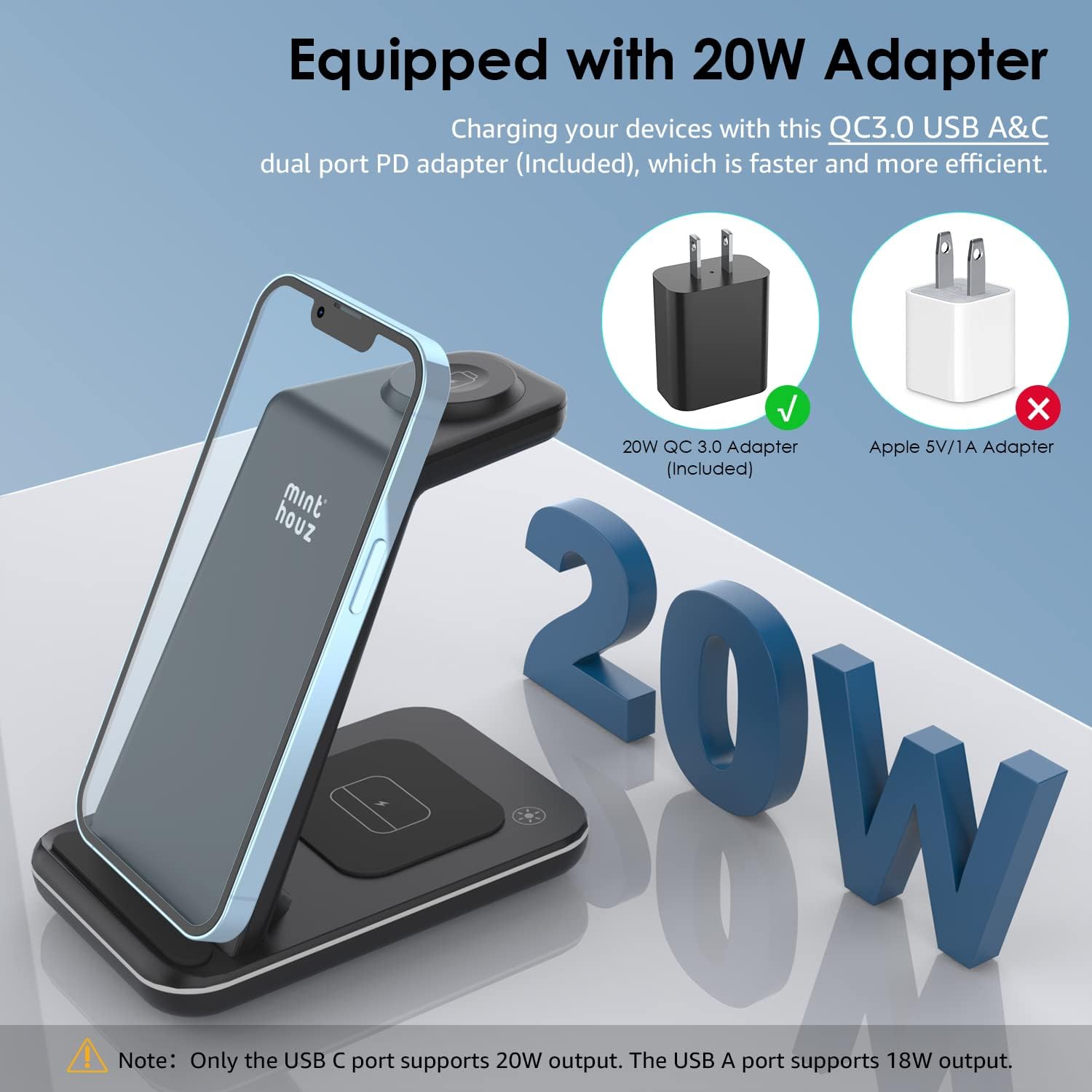 Statie de Incarcare inductiva 3 in 1, cu adaptor de 20 W pentru mai multe dispozitive iWatch Series 8/7/6/SE/5/4/3/2, AirPods3/Pro pentru telefon mobil compatibila cu Samsung, iPhone, Huawei, Xiaomi