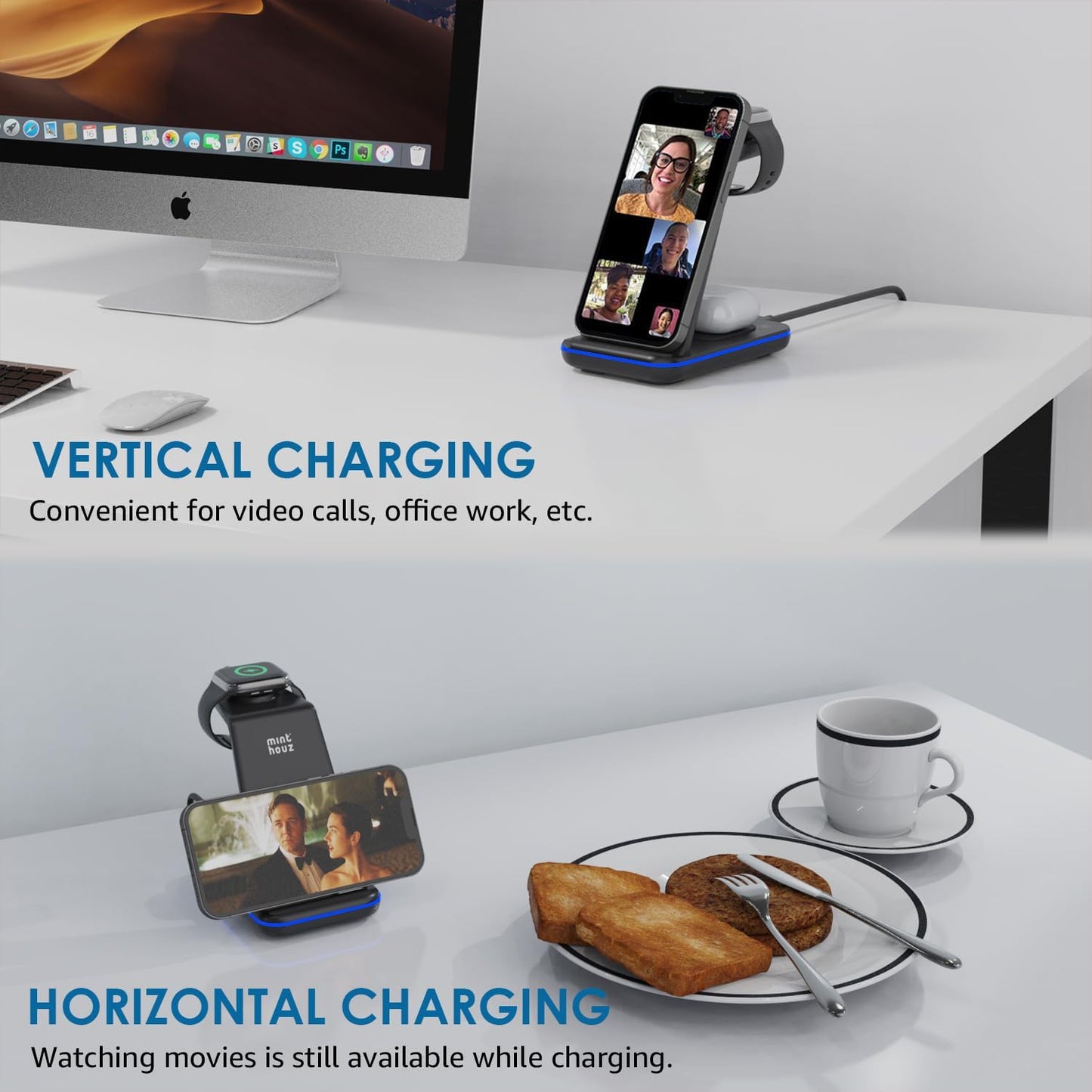 Statie de Incarcare inductiva 3 in 1, cu adaptor de 20 W pentru mai multe dispozitive iWatch Series 8/7/6/SE/5/4/3/2, AirPods3/Pro pentru telefon mobil compatibila cu Samsung, iPhone, Huawei, Xiaomi