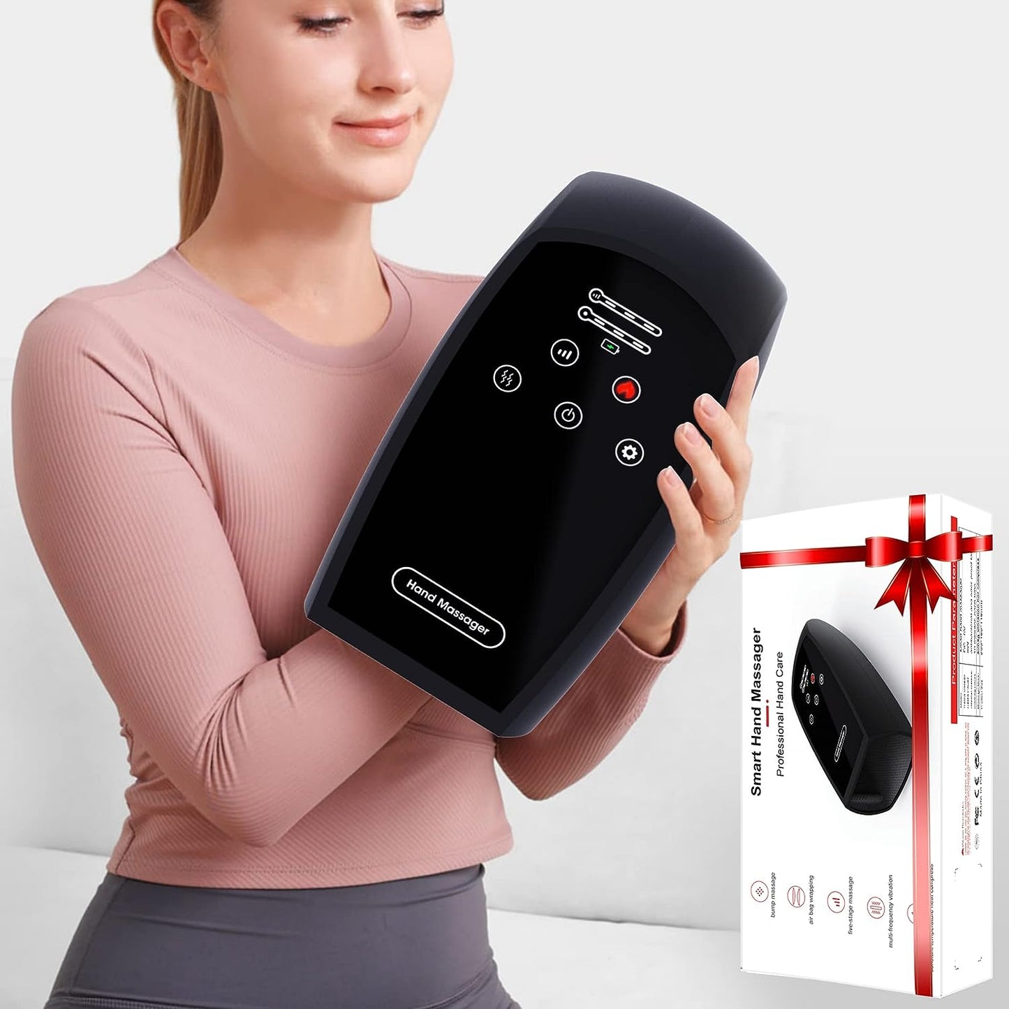 Aparat de masaj inteligent pentru mana, drenaj limfatic, presopunctura, senzor de caldura, airbag, 5 trepte de viteza, relaxare si tratament medical, portabil, negru