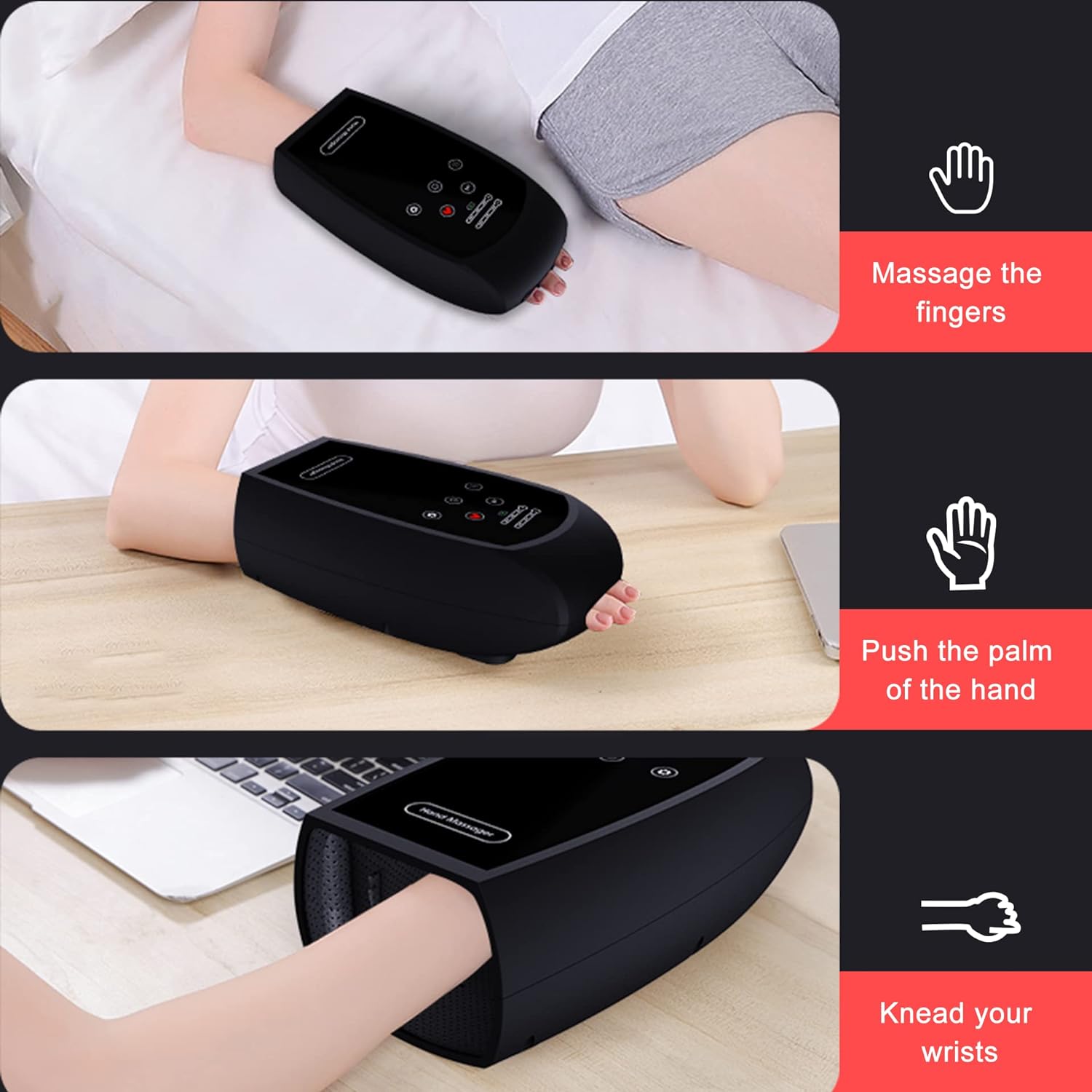 Aparat de masaj inteligent pentru mana, drenaj limfatic, presopunctura, senzor de caldura, airbag, 5 trepte de viteza, relaxare si tratament medical, portabil, negru