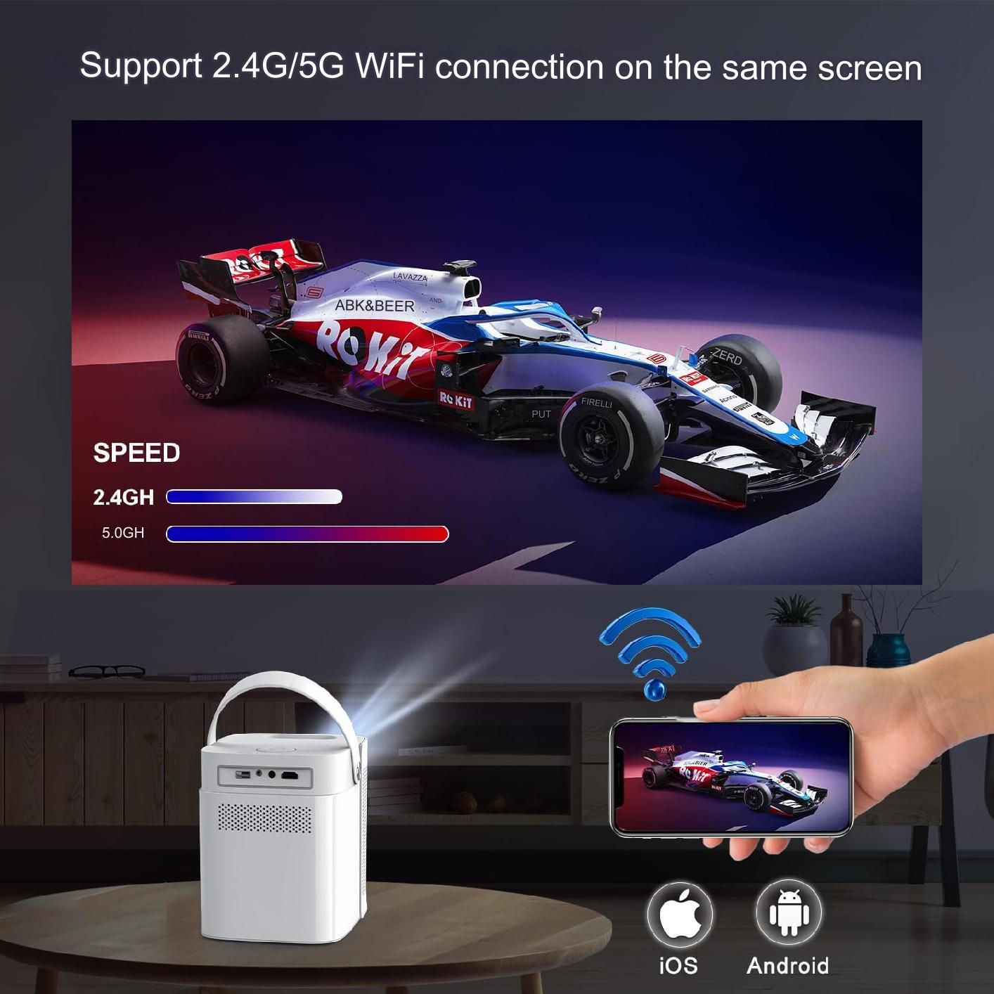 Videoproiector, WiFi Bluetooth 8000 Lumeni portabil, 1080P Full HD 5G USB 2.0 Alb ​​pentru Home Cinema, iOS/Android/Loptop/USB/PS5
