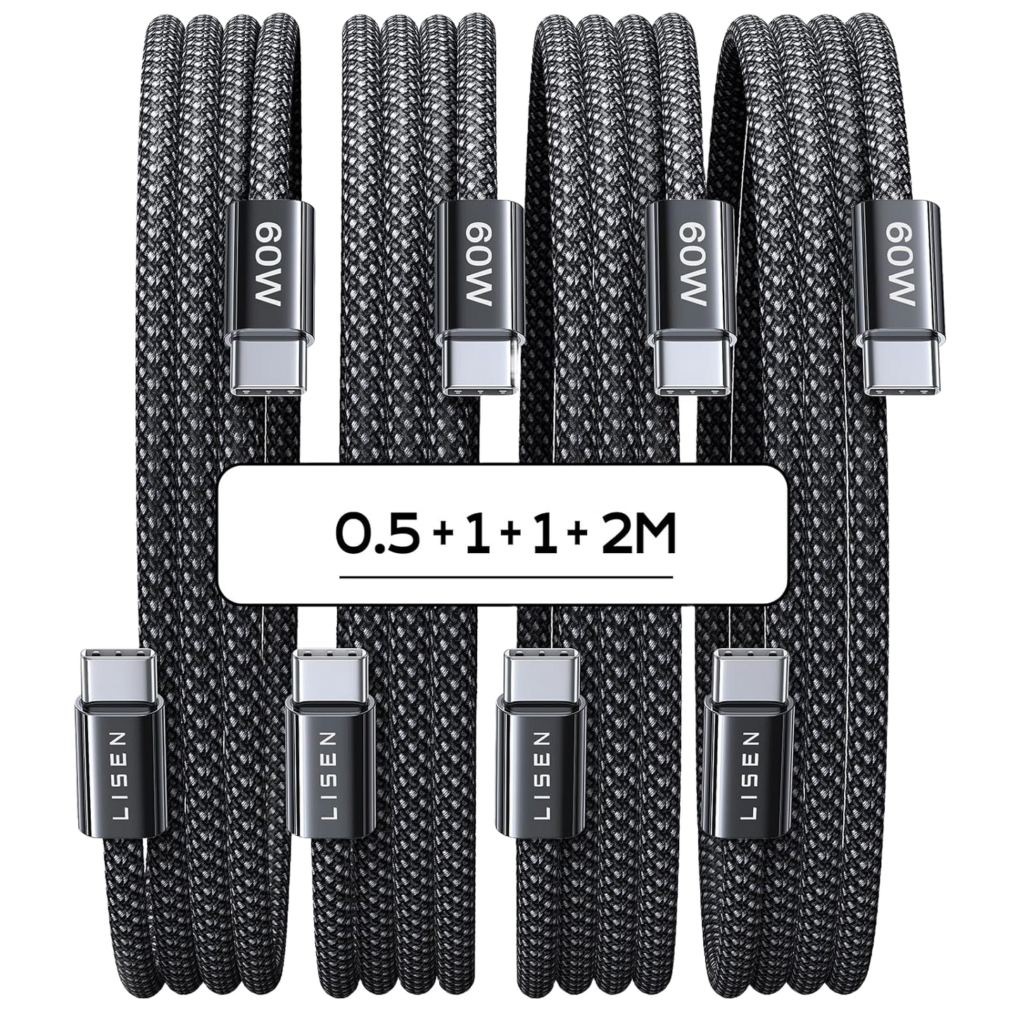 Set 4 cabluri de date si incarcare USB C la USB C, 60 W, Qwick Charge 3.0, 4 lungimi diferite, 1x 0,5m, 2x 1m, 1x 2m, compatibil cu iPhone 15 Pro Max Plus, Samsung Galaxy S23, iPad Air/Pro/Mini, Tab, Mi, Xiaomi, Huawei, OnePlus, negru