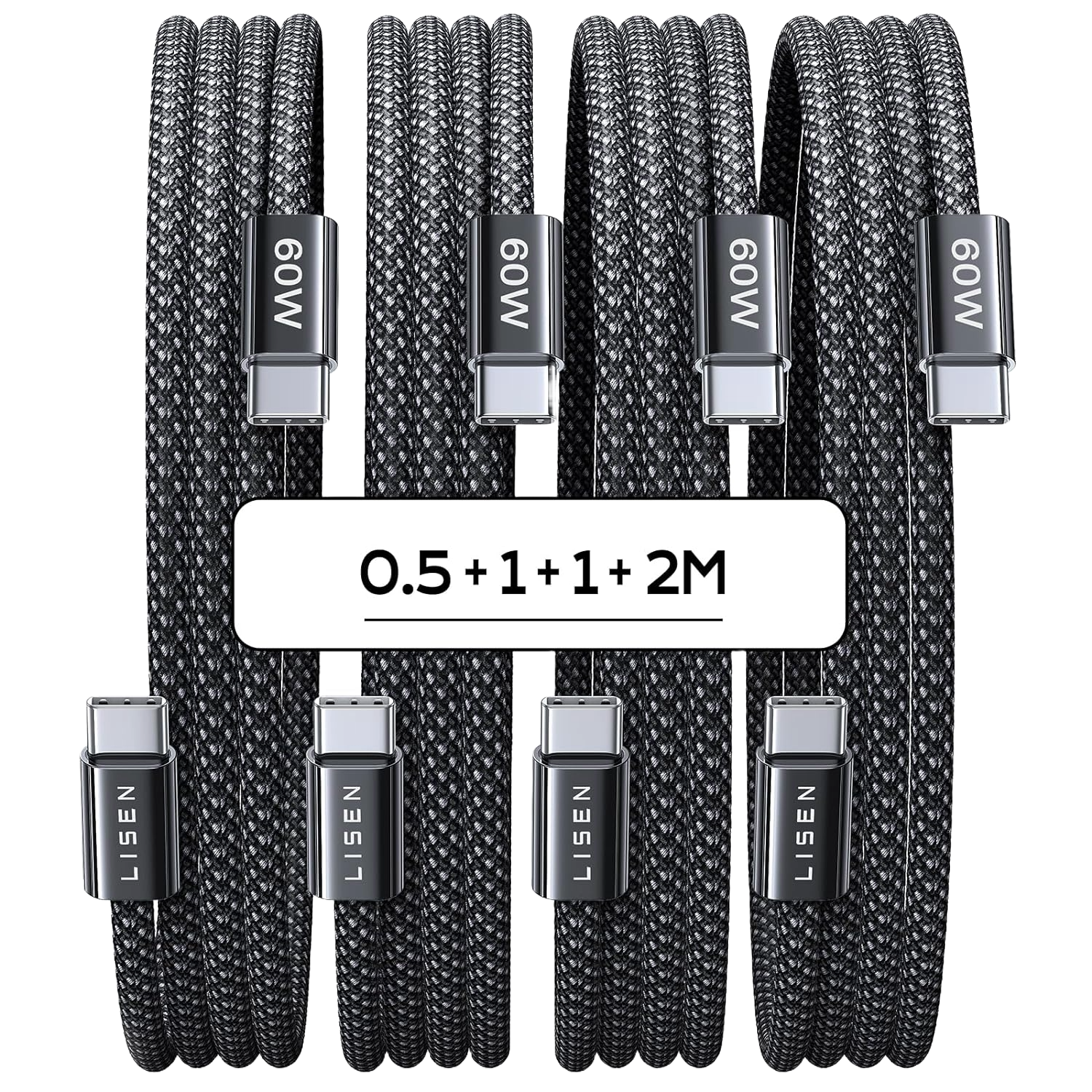 Set 4 cabluri de date si incarcare USB C la USB C, 60 W, Qwick Charge 3.0, 4 lungimi diferite, 1x 0,5m, 2x 1m, 1x 2m, compatibil cu iPhone 15 Pro Max Plus, Samsung Galaxy S23, iPad Air/Pro/Mini, Tab, Mi, Xiaomi, Huawei, OnePlus, negru