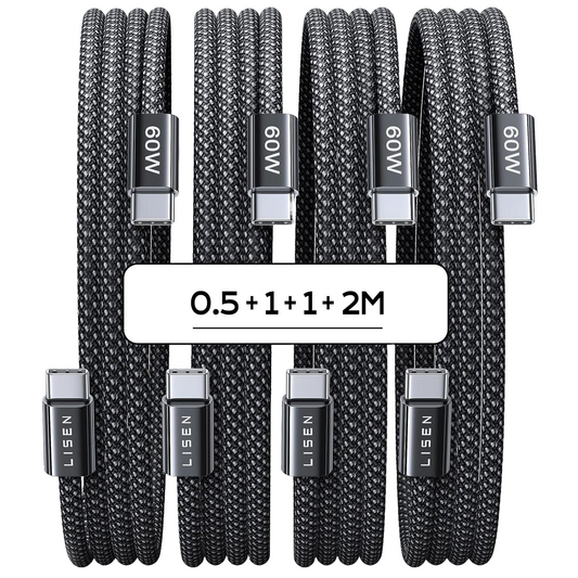 Set 4 cabluri de date si incarcare USB C la USB C, 60 W, Qwick Charge 3.0, 4 lungimi diferite, 1x 0,5m, 2x 1m, 1x 2m, compatibil cu iPhone 15 Pro Max Plus, Samsung Galaxy S23, iPad Air/Pro/Mini, Tab, Mi, Xiaomi, Huawei, OnePlus, negru