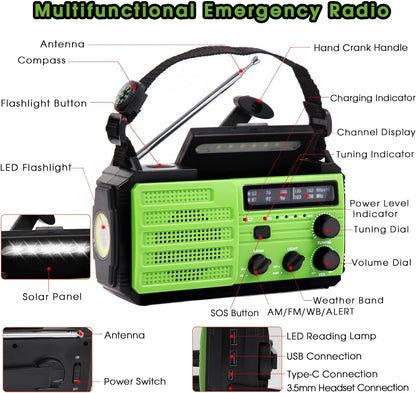 Radio portabil, Incarcare solara, AM/FM, 8000 mAh, lanterna, incarcator telefon USB, 3 moduri de iluminare LED si lumina de citire, alarma SOS, busola de camping in aer liber, verde