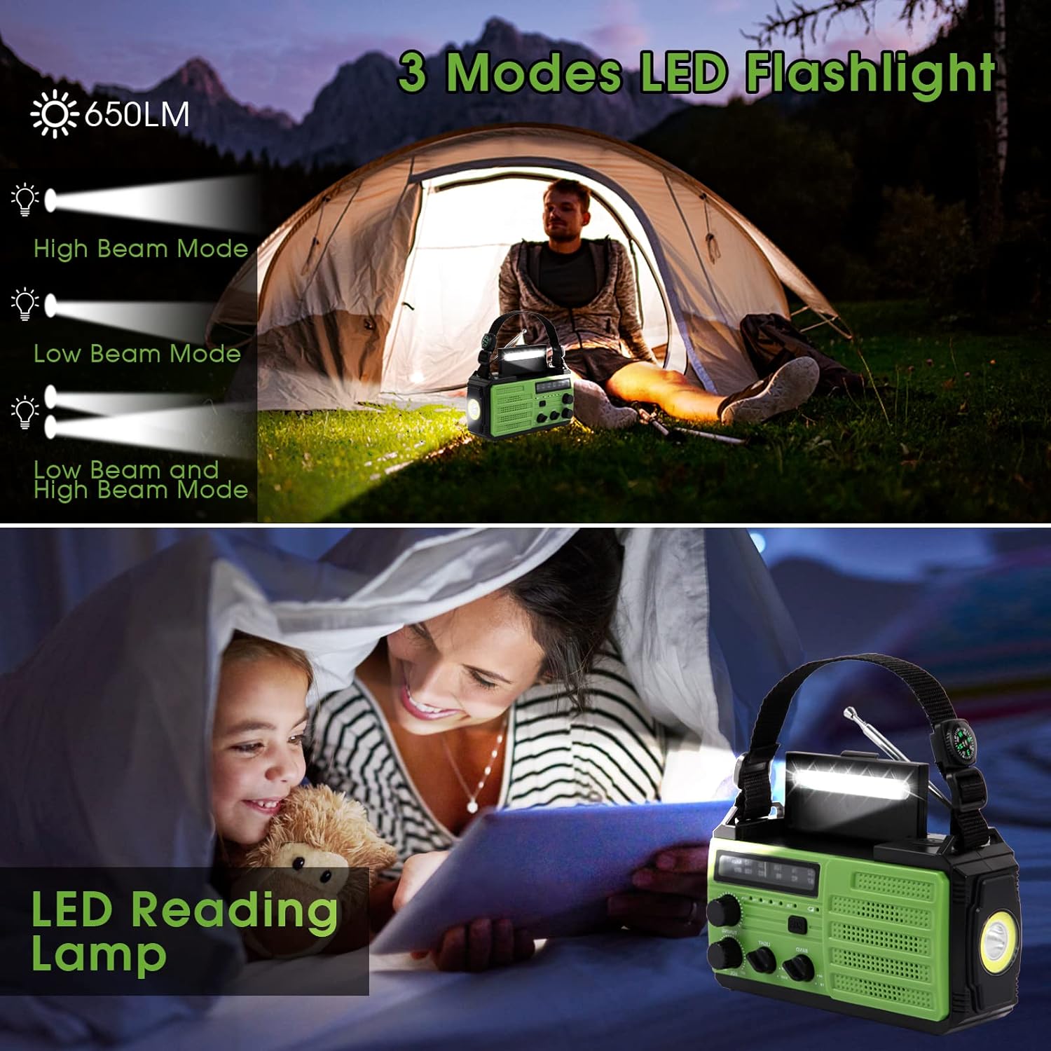 Radio portabil, Incarcare solara, AM/FM, 8000 mAh, lanterna, incarcator telefon USB, 3 moduri de iluminare LED si lumina de citire, alarma SOS, busola de camping in aer liber, verde