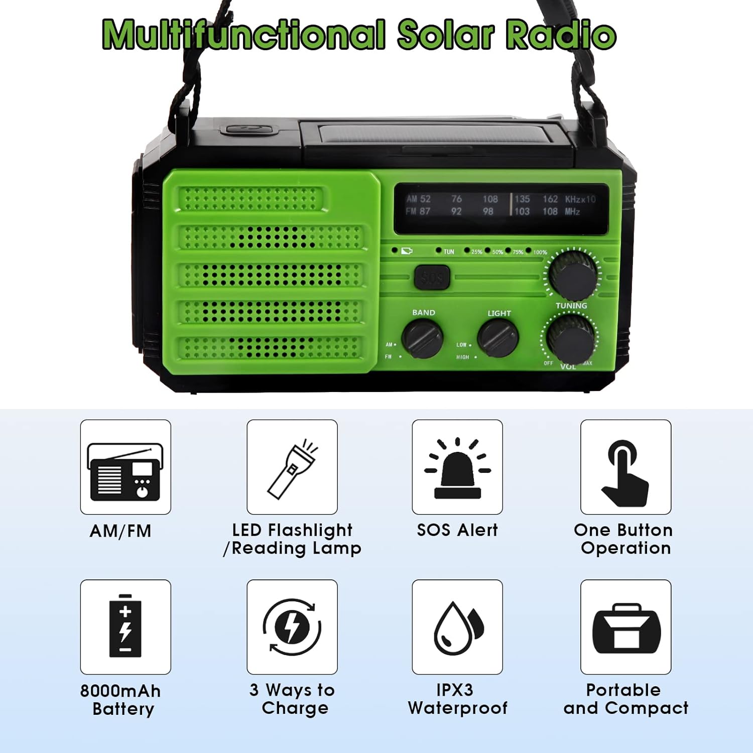 Radio portabil, Incarcare solara, AM/FM, 8000 mAh, lanterna, incarcator telefon USB, 3 moduri de iluminare LED si lumina de citire, alarma SOS, busola de camping in aer liber, verde