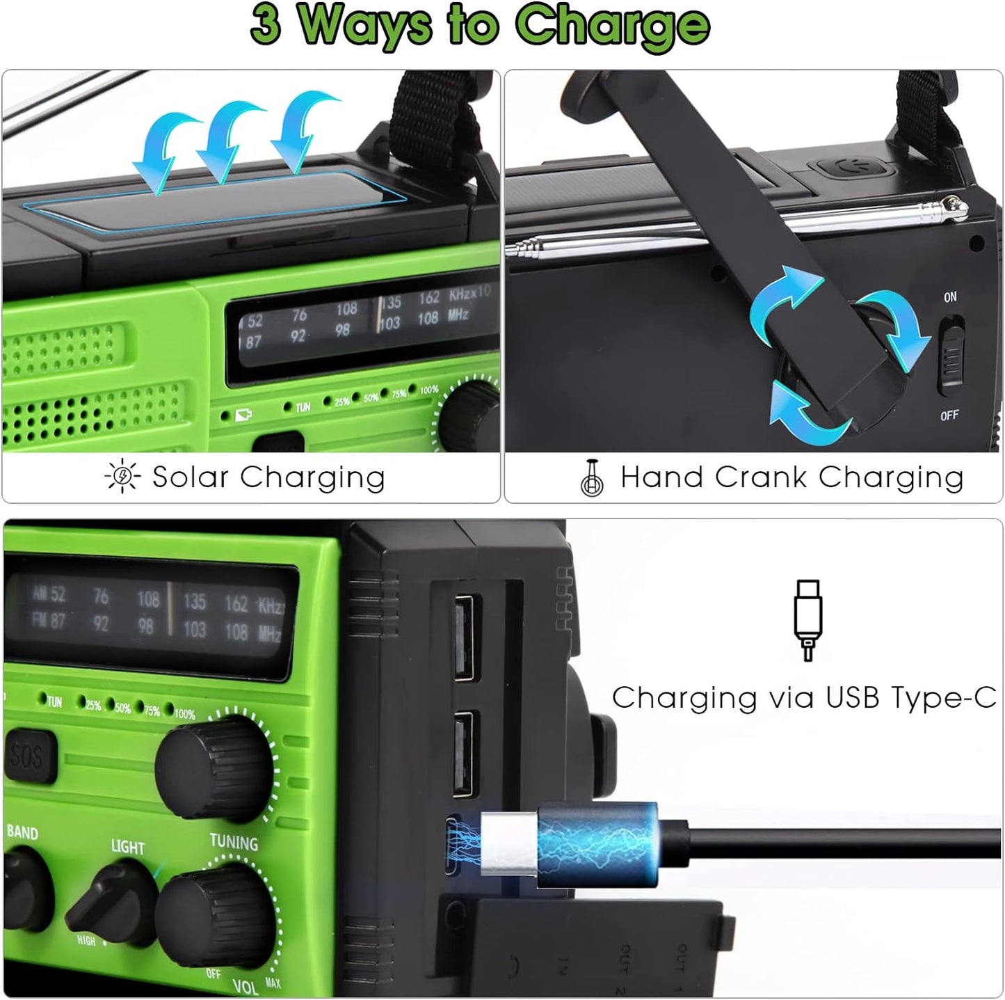 Radio portabil, Incarcare solara, AM/FM, 8000 mAh, lanterna, incarcator telefon USB, 3 moduri de iluminare LED si lumina de citire, alarma SOS, busola de camping in aer liber, verde