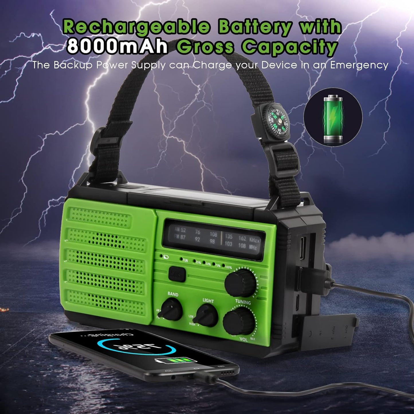 Radio portabil, Incarcare solara, AM/FM, 8000 mAh, lanterna, incarcator telefon USB, 3 moduri de iluminare LED si lumina de citire, alarma SOS, busola de camping in aer liber, verde