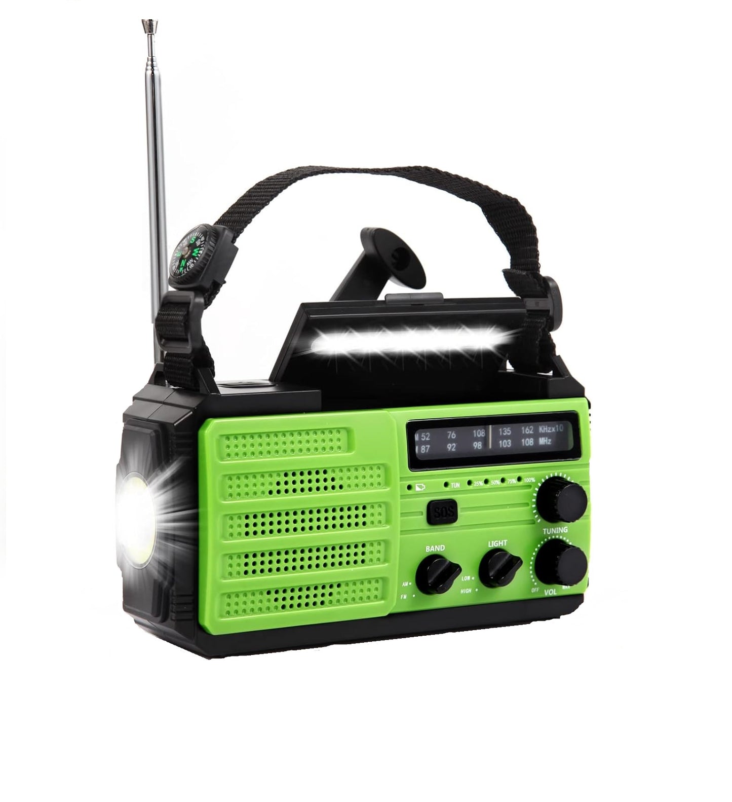 Radio portabil, Incarcare solara, AM/FM, 8000 mAh, lanterna, incarcator telefon USB, 3 moduri de iluminare LED si lumina de citire, alarma SOS, busola de camping in aer liber, verde