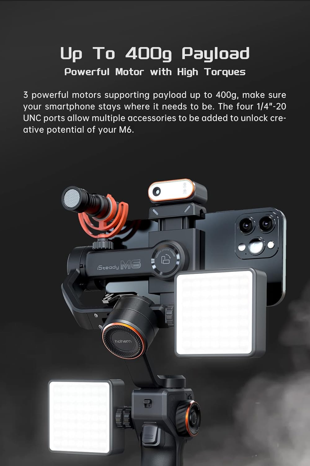 Sistem de stabilizare imagine pentru smartphone Android si IOS, Hohem iSteady M6, stabilizator gimbal cu 3 axe, display OLED, mini trepied, incarcare 400 g