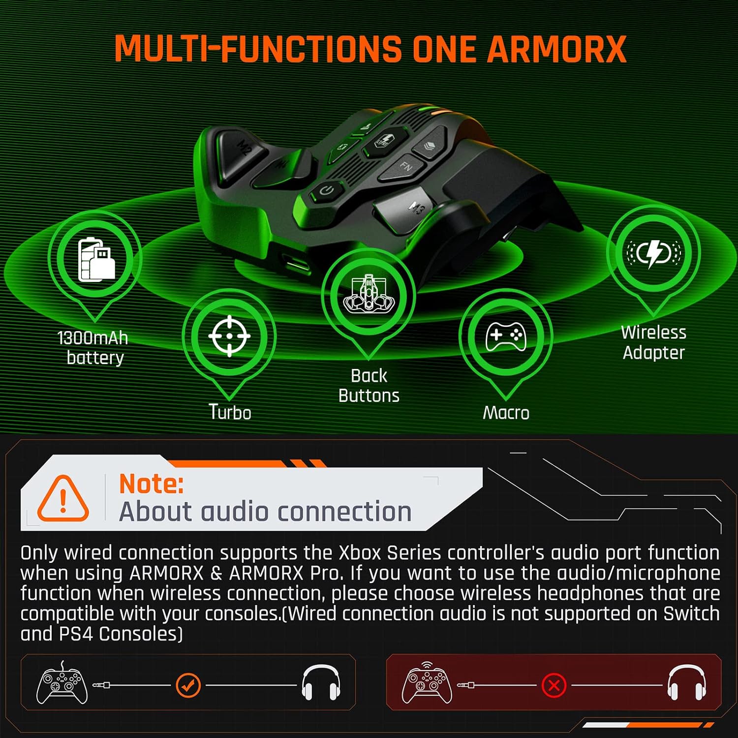 Atasament pentru controler Xbox Seres X/S, gamepad cu butoane aditionale, vibratii, Armor X, acumulator 1300 mAh, adaptor wireless 2.4Ghz, compatibil Xbox One / Switch / PC Windows 10, 11 / PS4