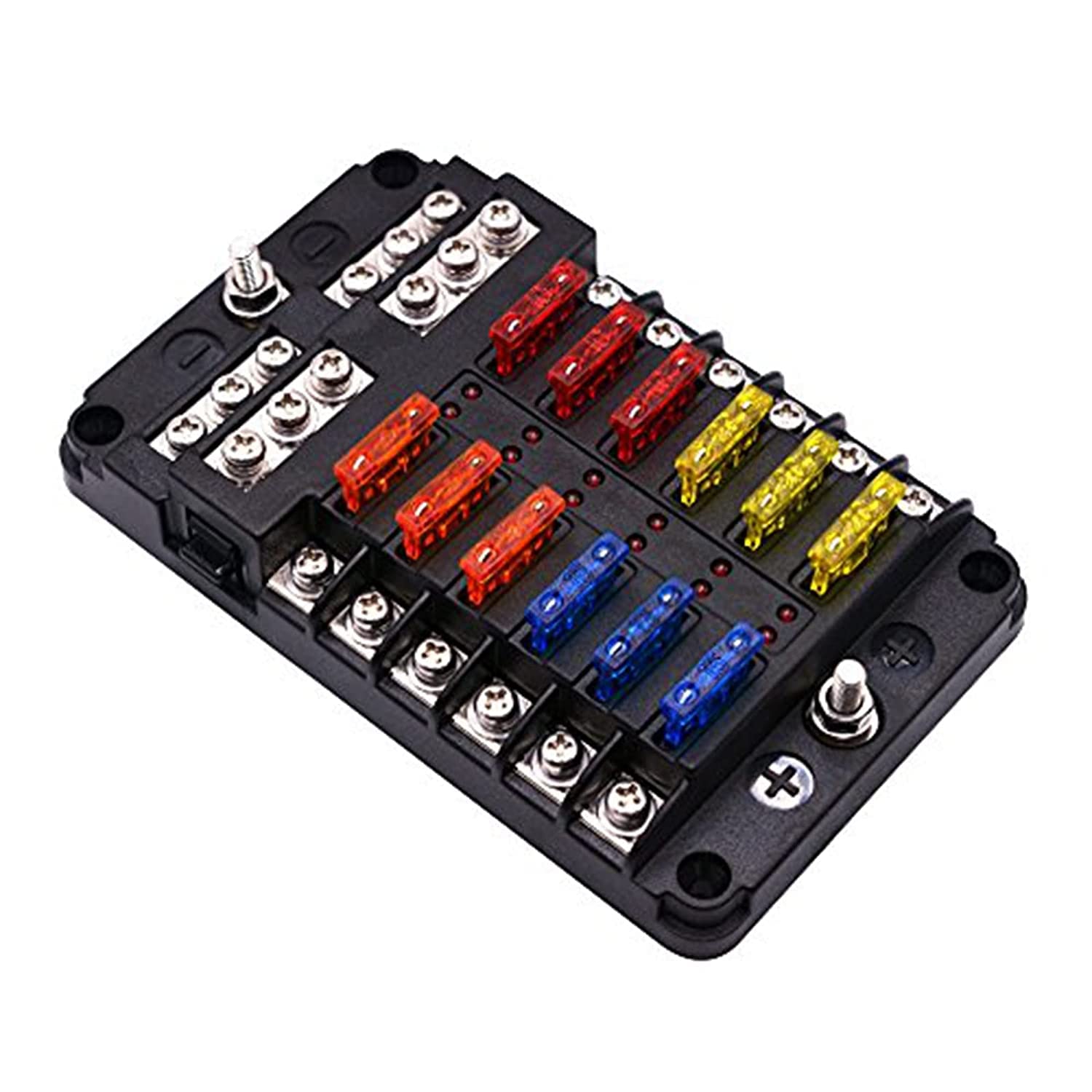 Set panou sigurante auto cu 12 iesiri, 12-24V, cu sigurante de 5A, 10A, 15A, 20A, cu indicator LED si capac de protectie, pentru masina, rulota, barca, autoutilitara, camion