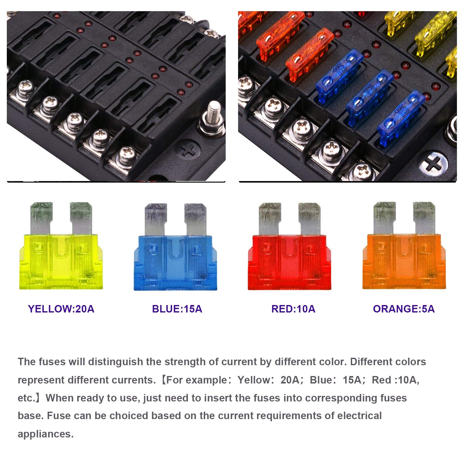 Set panou sigurante auto cu 12 iesiri, 12-24V, cu sigurante de 5A, 10A, 15A, 20A, cu indicator LED si capac de protectie, pentru masina, rulota, barca, autoutilitara, camion