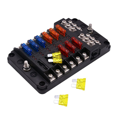 Set panou sigurante auto cu 12 iesiri, 12-24V, cu sigurante de 5A, 10A, 15A, 20A, cu indicator LED si capac de protectie, pentru masina, rulota, barca, autoutilitara, camion