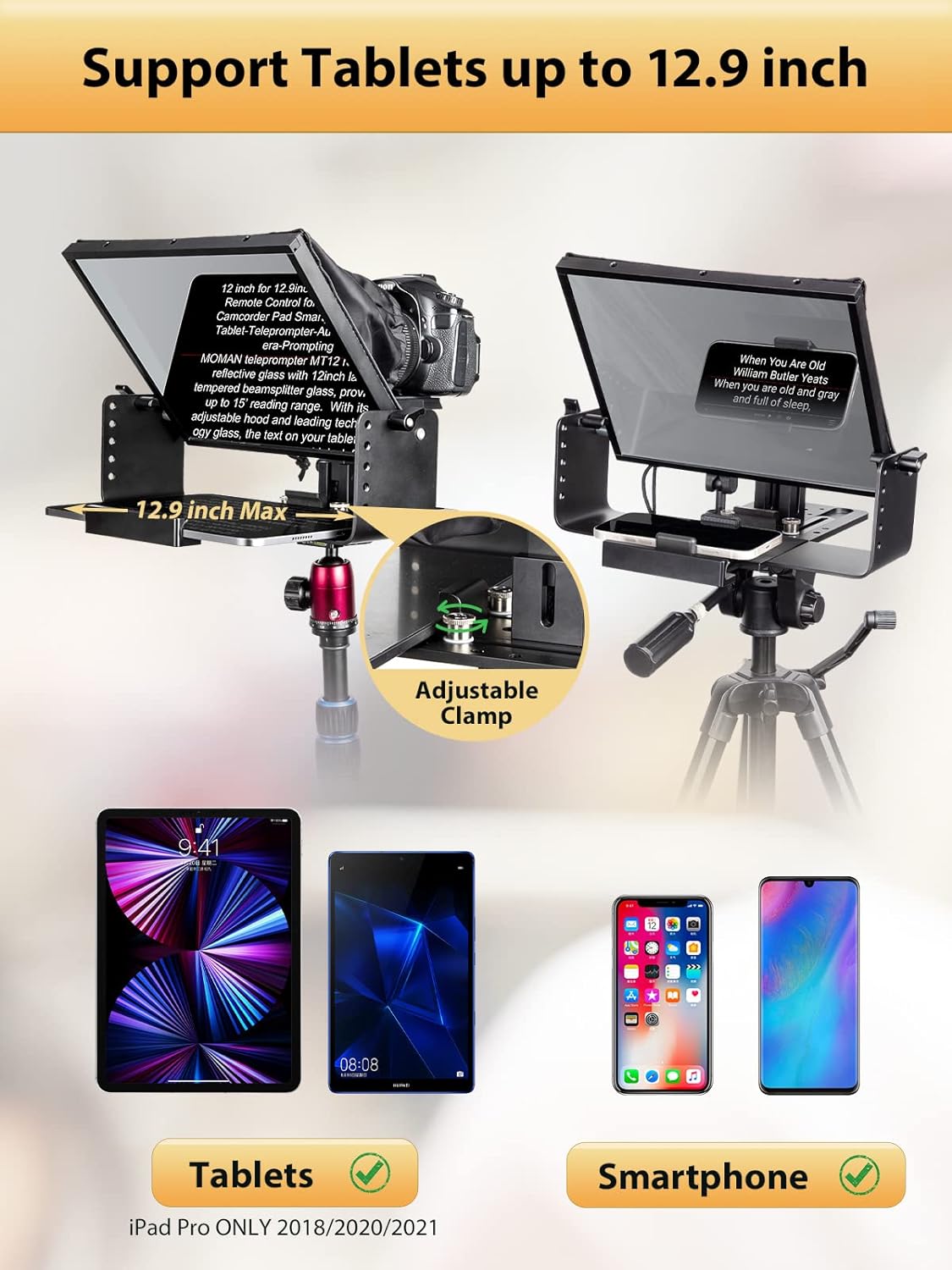 Kit teleprompter de 12 inch, pentru camere DSLR, cu telecomanda, compatibil cu smartphone si tableta pana la 12.9 inch, din metal, cu geanta de depozitare si transport, Moman MT12