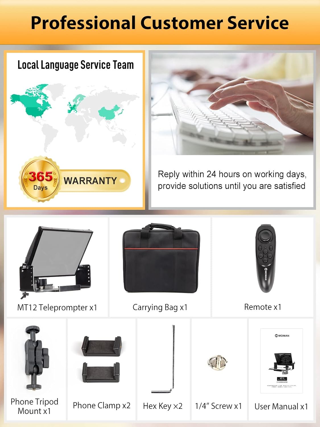 Kit teleprompter de 12 inch, pentru camere DSLR, cu telecomanda, compatibil cu smartphone si tableta pana la 12.9 inch, din metal, cu geanta de depozitare si transport, Moman MT12