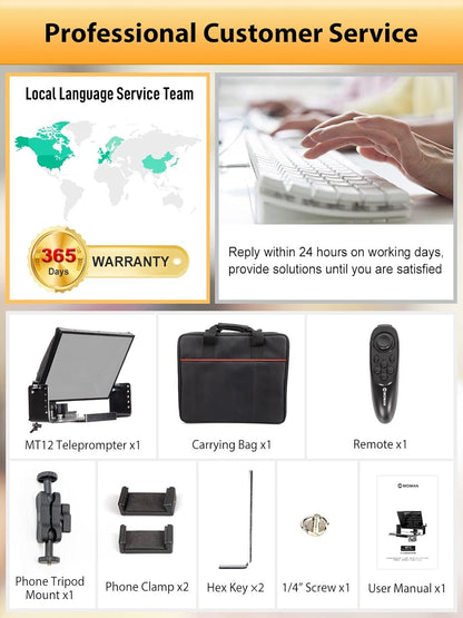 Kit teleprompter de 12 inch, pentru camere DSLR, cu telecomanda, compatibil cu smartphone si tableta pana la 12.9 inch, din metal, cu geanta de depozitare si transport, Moman MT12