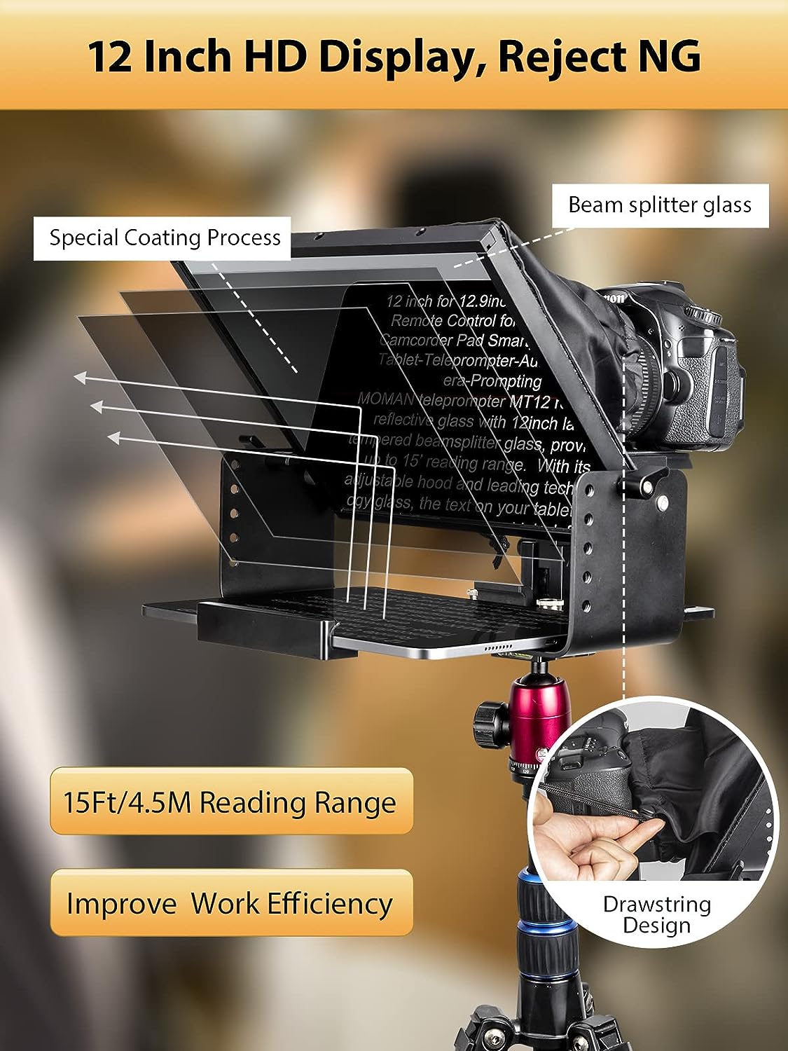 Kit teleprompter de 12 inch, pentru camere DSLR, cu telecomanda, compatibil cu smartphone si tableta pana la 12.9 inch, din metal, cu geanta de depozitare si transport, Moman MT12