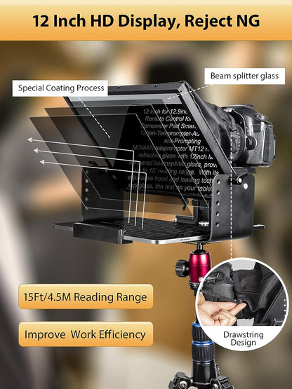 Kit teleprompter de 12 inch, pentru camere DSLR, cu telecomanda, compatibil cu smartphone si tableta pana la 12.9 inch, din metal, cu geanta de depozitare si transport, Moman MT12
