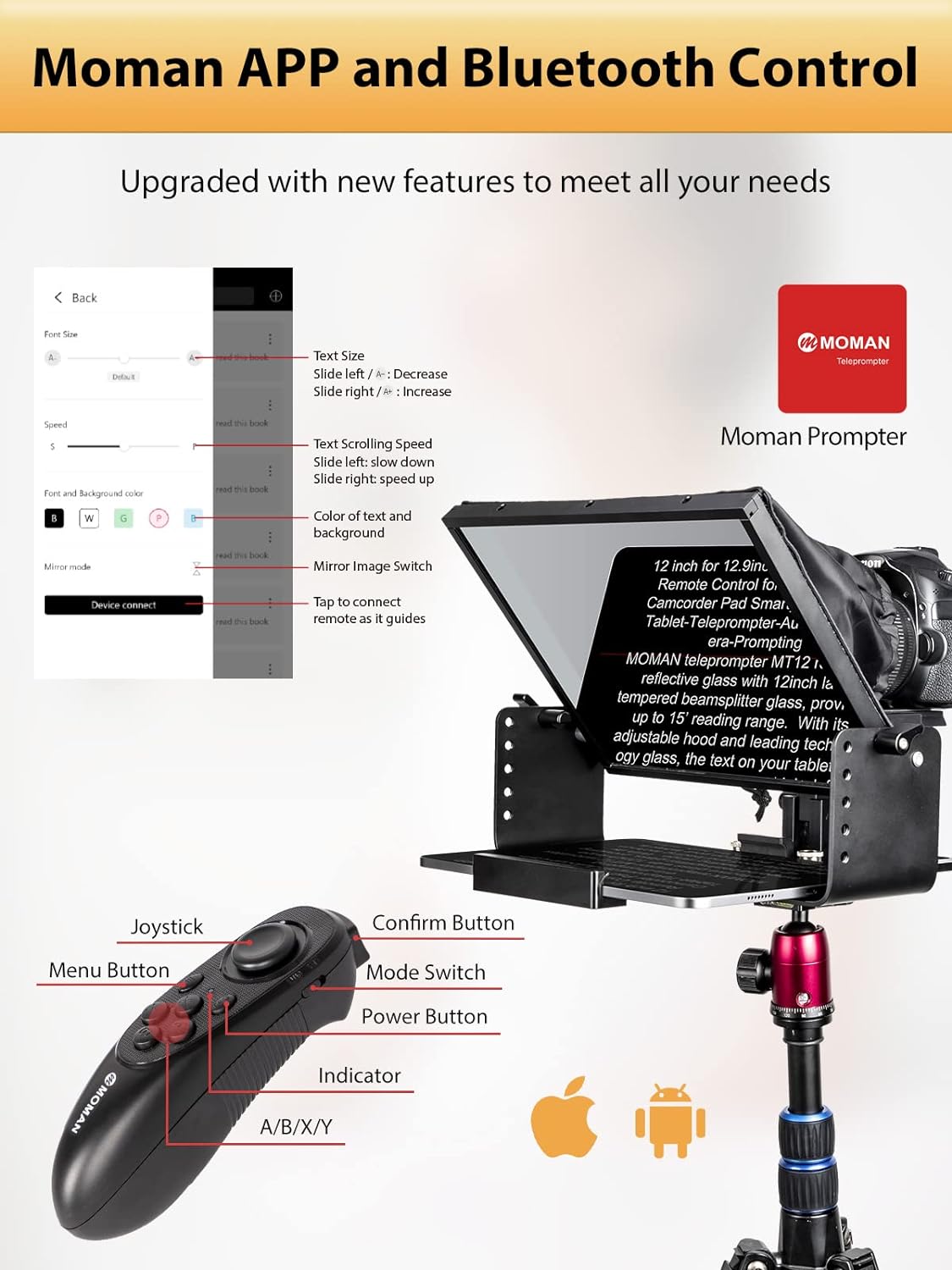 Kit teleprompter de 12 inch, pentru camere DSLR, cu telecomanda, compatibil cu smartphone si tableta pana la 12.9 inch, din metal, cu geanta de depozitare si transport, Moman MT12