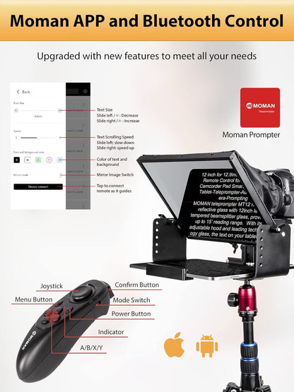 Kit teleprompter de 12 inch, pentru camere DSLR, cu telecomanda, compatibil cu smartphone si tableta pana la 12.9 inch, din metal, cu geanta de depozitare si transport, Moman MT12