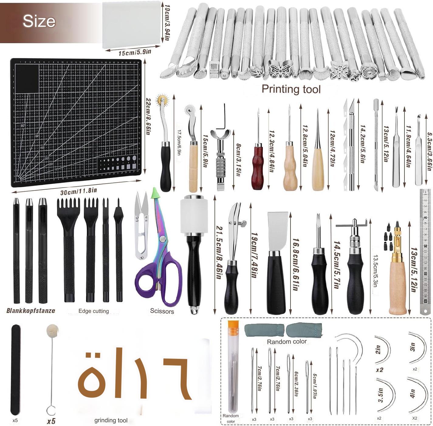 Set profesional de prelucrare a pielii, 308 de piese, cu scule modelaj, perforatori, ata pentru pielarie, ace de cusut, stampile, capse, placa de taiere, instrumente de bricolaj si marochinarie