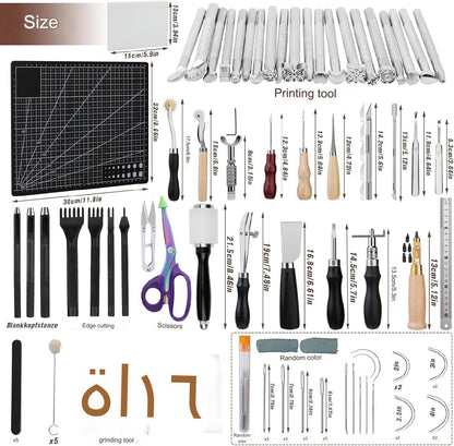 Set profesional de prelucrare a pielii, 308 de piese, cu scule modelaj, perforatori, ata pentru pielarie, ace de cusut, stampile, capse, placa de taiere, instrumente de bricolaj si marochinarie