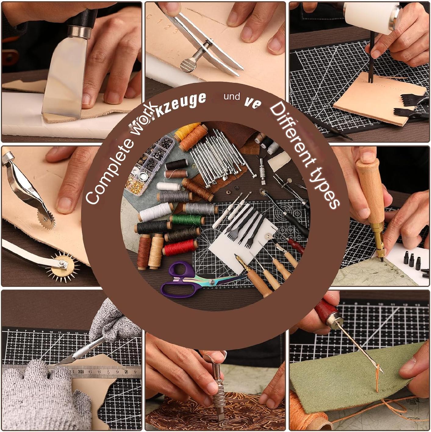 Set profesional de prelucrare a pielii, 308 de piese, cu scule modelaj, perforatori, ata pentru pielarie, ace de cusut, stampile, capse, placa de taiere, instrumente de bricolaj si marochinarie