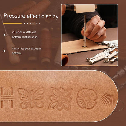 Set profesional de prelucrare a pielii, 308 de piese, cu scule modelaj, perforatori, ata pentru pielarie, ace de cusut, stampile, capse, placa de taiere, instrumente de bricolaj si marochinarie