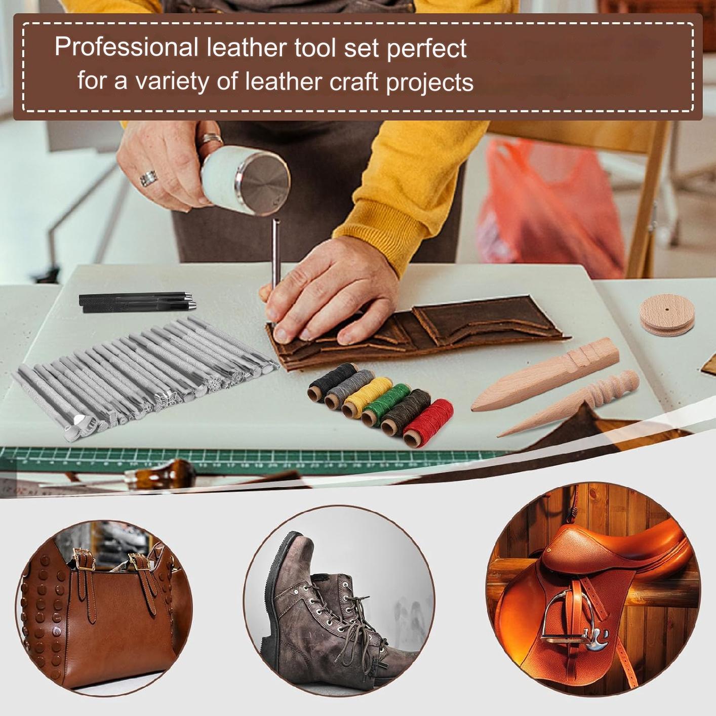 Set profesional de prelucrare a pielii, 308 de piese, cu scule modelaj, perforatori, ata pentru pielarie, ace de cusut, stampile, capse, placa de taiere, instrumente de bricolaj si marochinarie