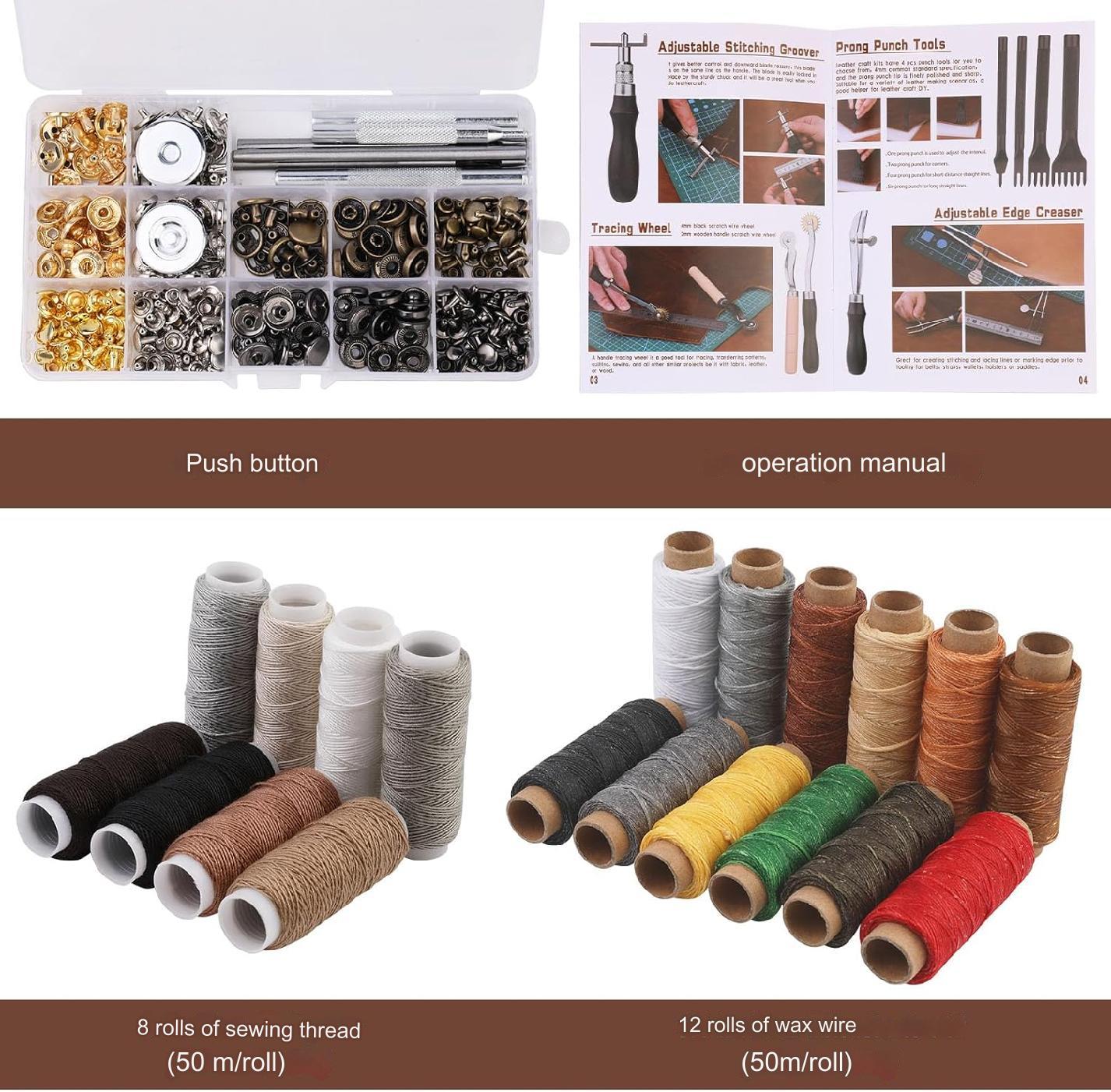 Set profesional de prelucrare a pielii, 308 de piese, cu scule modelaj, perforatori, ata pentru pielarie, ace de cusut, stampile, capse, placa de taiere, instrumente de bricolaj si marochinarie