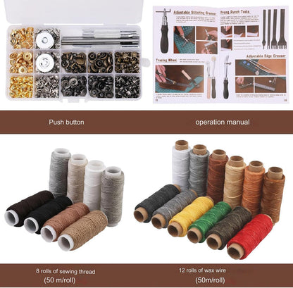 Set profesional de prelucrare a pielii, 308 de piese, cu scule modelaj, perforatori, ata pentru pielarie, ace de cusut, stampile, capse, placa de taiere, instrumente de bricolaj si marochinarie