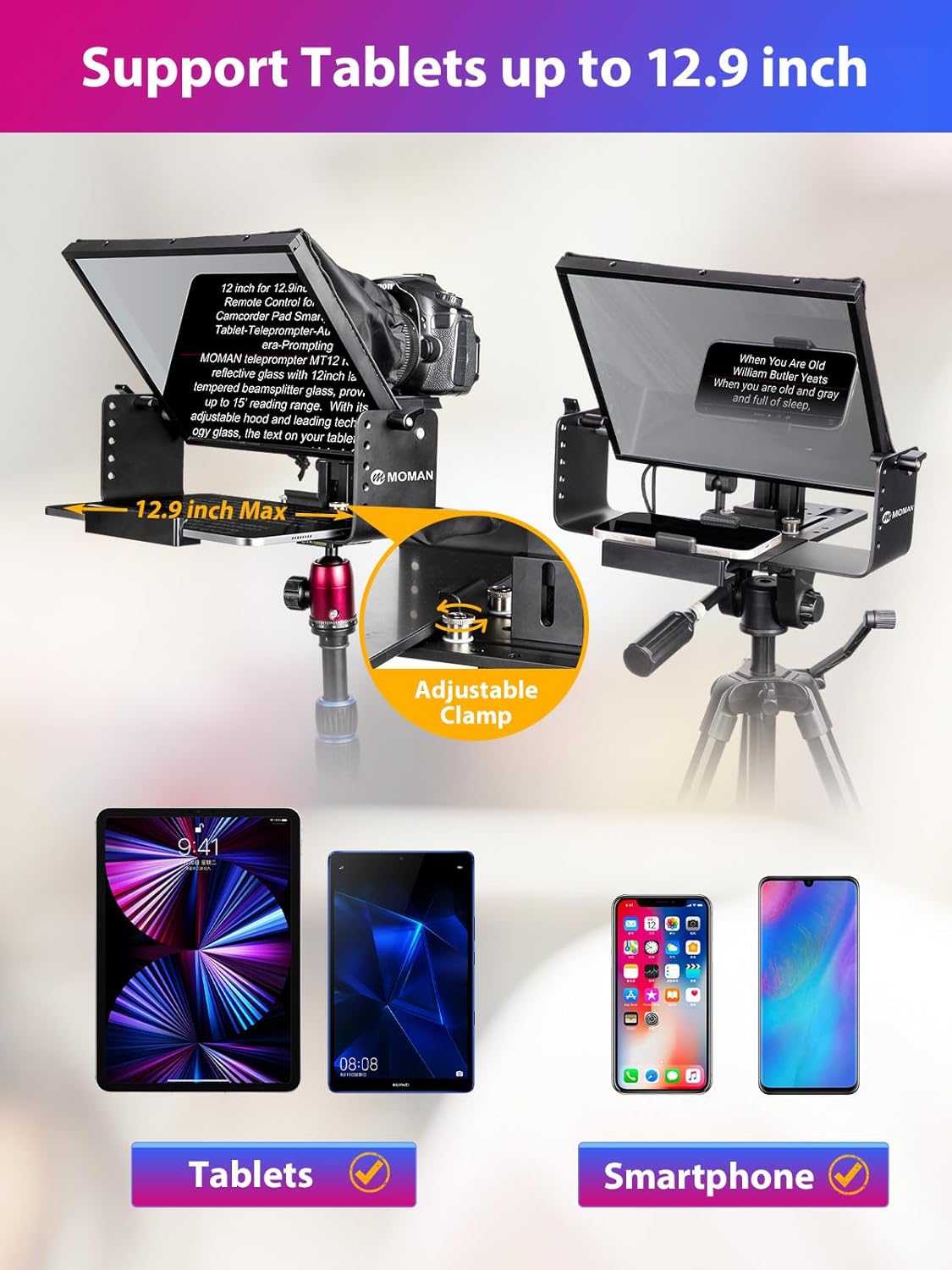 Kit teleprompter de 12 inch, pentru camere DSLR, cu telecomanda, compatibil cu smartphone si tableta pana la 12.9 inch, din metal, cu montura 1/4 inch si geanta de depozitare si transport