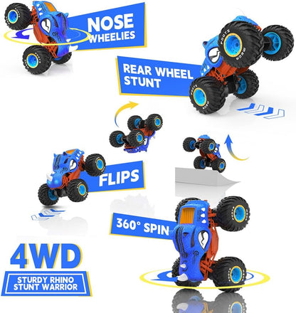 Masina cu telecomanda, RC, 4WD, 1:16, 2.4 Ghz, monster truck, masinuta de cascadorie cu rotire la 360 grade si rasturnari de 180 grade, 20 km/h, off-road, cu lumini LED si efect de ceata, albastru