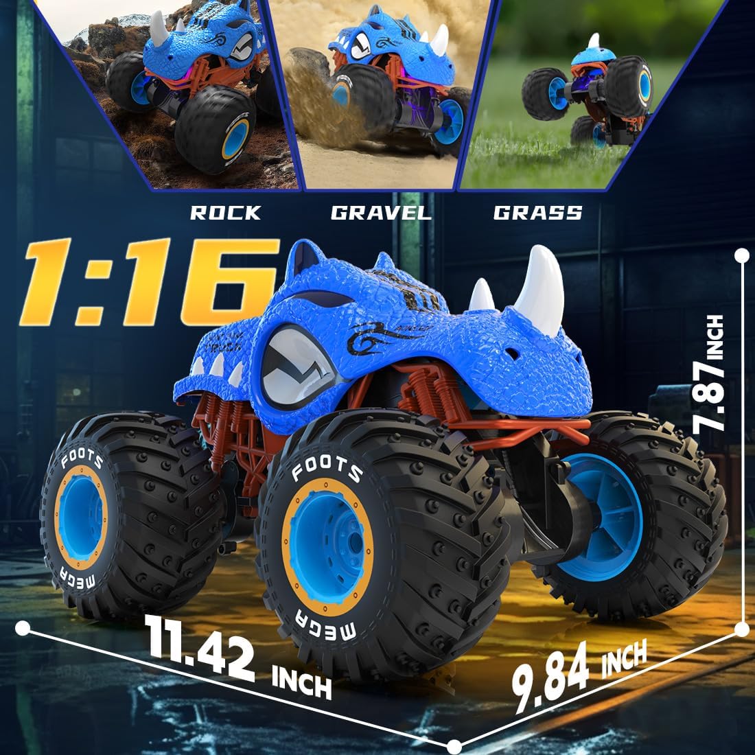 Masina cu telecomanda, RC, 4WD, 1:16, 2.4 Ghz, monster truck, masinuta de cascadorie cu rotire la 360 grade si rasturnari de 180 grade, 20 km/h, off-road, cu lumini LED si efect de ceata, albastru