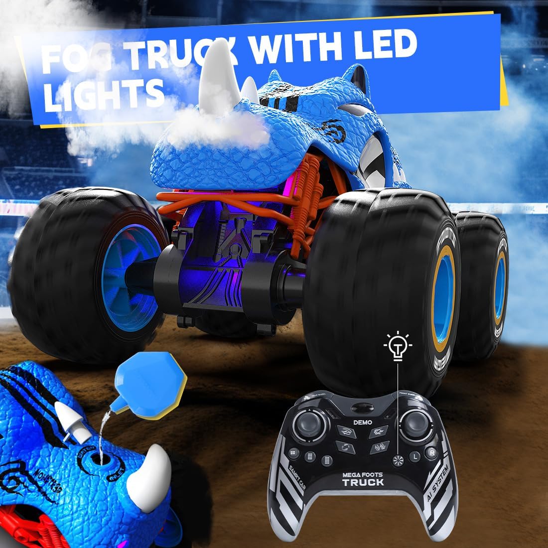 Masina cu telecomanda, RC, 4WD, 1:16, 2.4 Ghz, monster truck, masinuta de cascadorie cu rotire la 360 grade si rasturnari de 180 grade, 20 km/h, off-road, cu lumini LED si efect de ceata, albastru