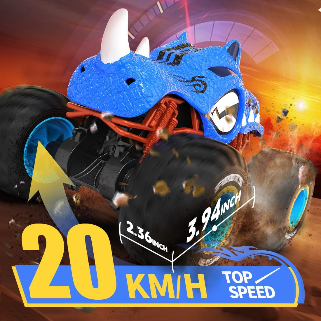 Masina cu telecomanda, RC, 4WD, 1:16, 2.4 Ghz, monster truck, masinuta de cascadorie cu rotire la 360 grade si rasturnari de 180 grade, 20 km/h, off-road, cu lumini LED si efect de ceata, albastru