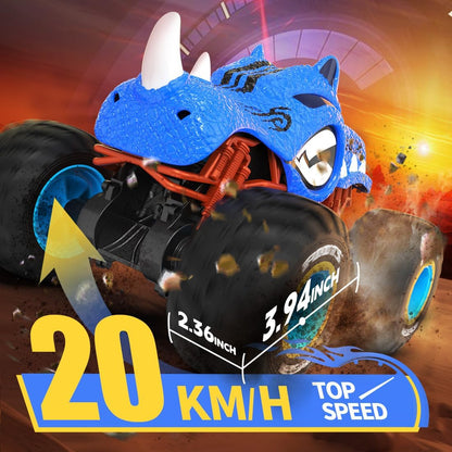 Masina cu telecomanda, RC, 4WD, 1:16, 2.4 Ghz, monster truck, masinuta de cascadorie cu rotire la 360 grade si rasturnari de 180 grade, 20 km/h, off-road, cu lumini LED si efect de ceata, albastru