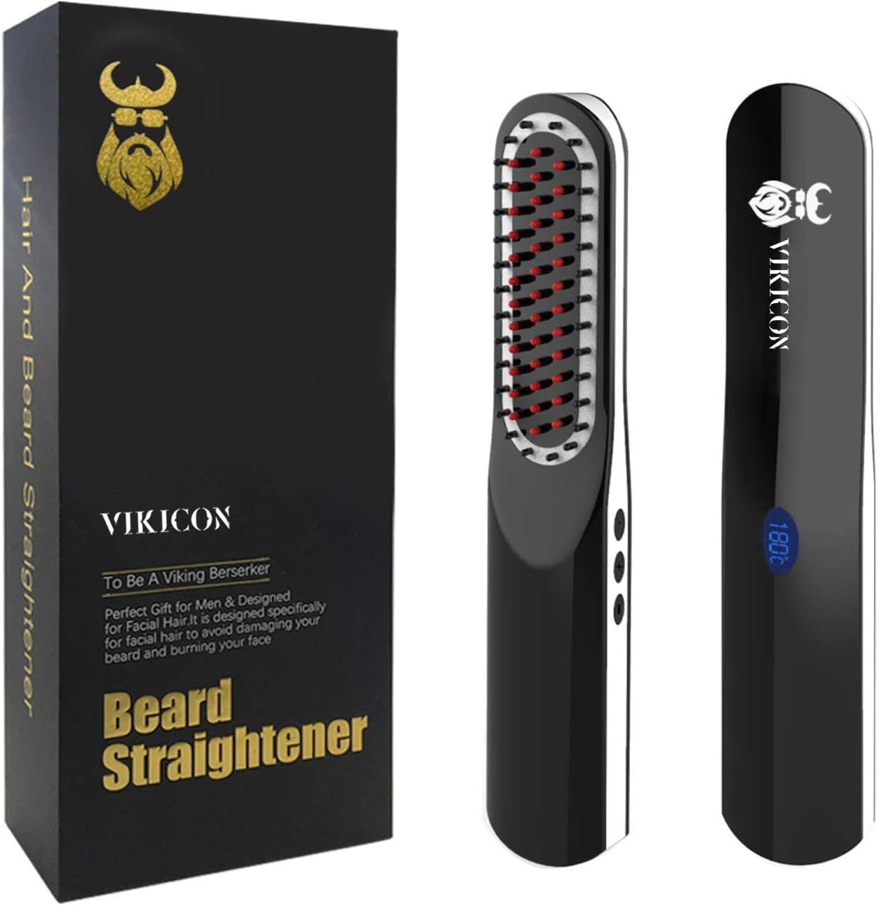 Perie de indreptat parul si barba, VIKICON, wireless, temperatura reglabila, 200 °C, indreptare rapida, negru