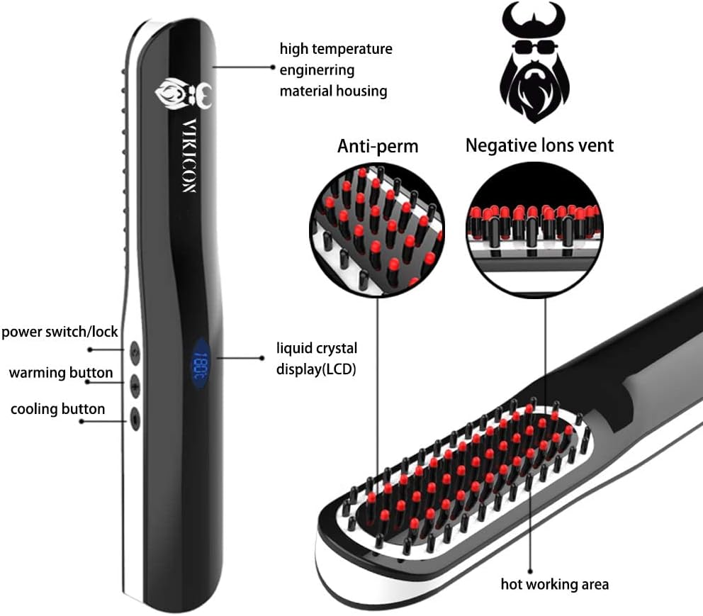 Perie de indreptat parul si barba, VIKICON, wireless, temperatura reglabila, 200 °C, indreptare rapida, negru