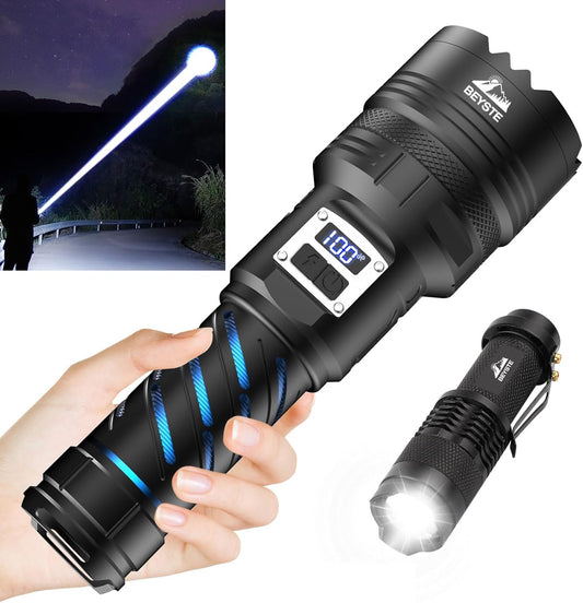 Lanterna tactica LED, din aluminiu, 100.000 lumeni, profesionala, rezistenta la apa IP67, acumulator inclus, cu 2 intrerupatoare, 5 moduri iluminare, incarcare USB, sursa  XHQ100.2, si mini lanterna LED, 800  lumeni, 3 moduri iluminare, compacta