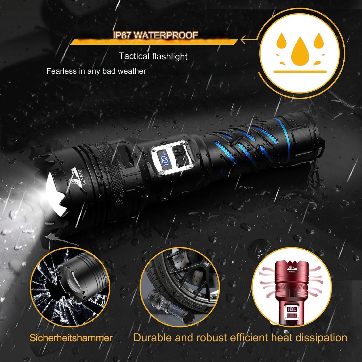 Lanterna tactica LED, din aluminiu, 100.000 lumeni, profesionala, rezistenta la apa IP67, acumulator inclus, cu 2 intrerupatoare, 5 moduri iluminare, incarcare USB, sursa  XHQ100.2, si mini lanterna LED, 800  lumeni, 3 moduri iluminare, compacta