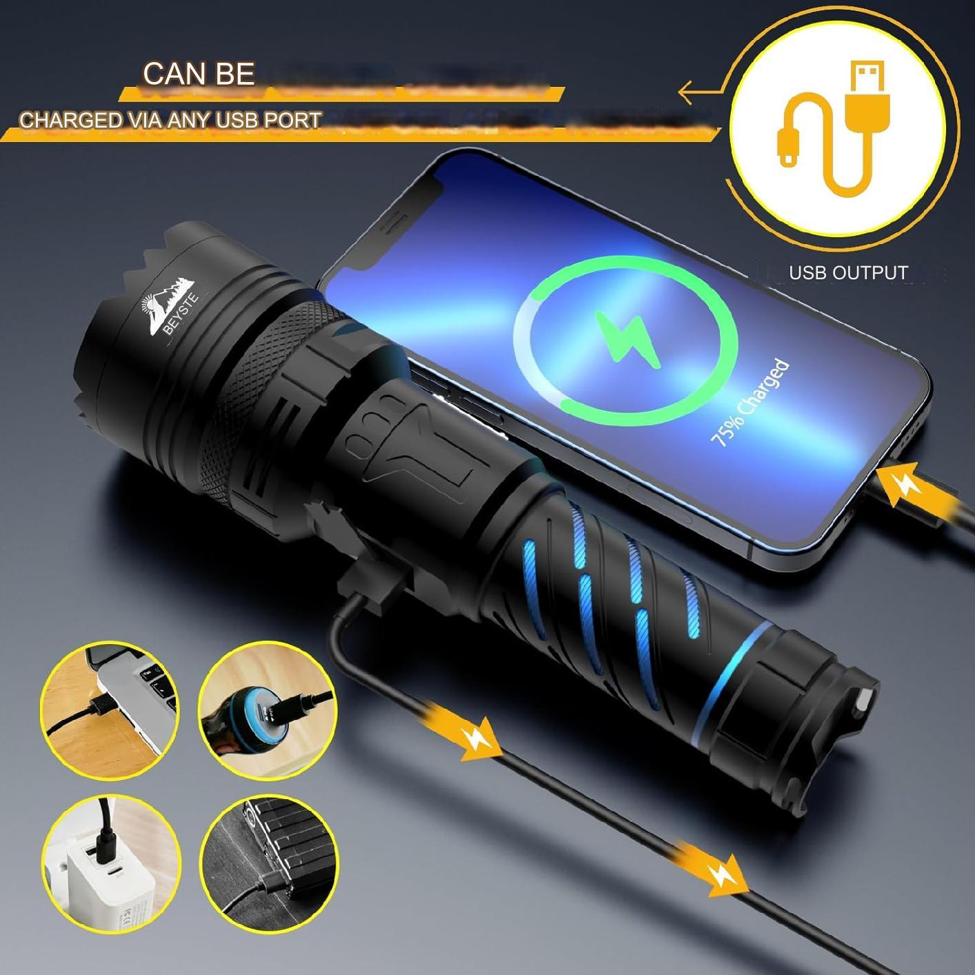 Lanterna tactica LED, din aluminiu, 100.000 lumeni, profesionala, rezistenta la apa IP67, acumulator inclus, cu 2 intrerupatoare, 5 moduri iluminare, incarcare USB, sursa  XHQ100.2, si mini lanterna LED, 800  lumeni, 3 moduri iluminare, compacta