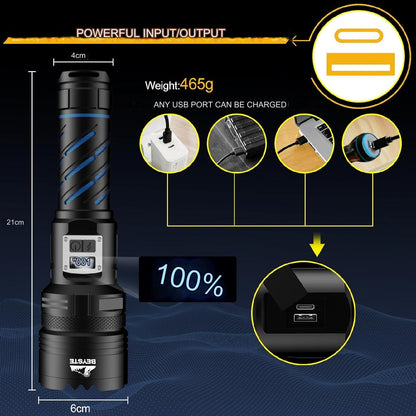 Lanterna tactica LED, din aluminiu, 100.000 lumeni, profesionala, rezistenta la apa IP67, acumulator inclus, cu 2 intrerupatoare, 5 moduri iluminare, incarcare USB, sursa  XHQ100.2, si mini lanterna LED, 800  lumeni, 3 moduri iluminare, compacta