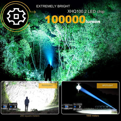Lanterna tactica LED, din aluminiu, 100.000 lumeni, profesionala, rezistenta la apa IP67, acumulator inclus, cu 2 intrerupatoare, 5 moduri iluminare, incarcare USB, sursa  XHQ100.2, si mini lanterna LED, 800  lumeni, 3 moduri iluminare, compacta