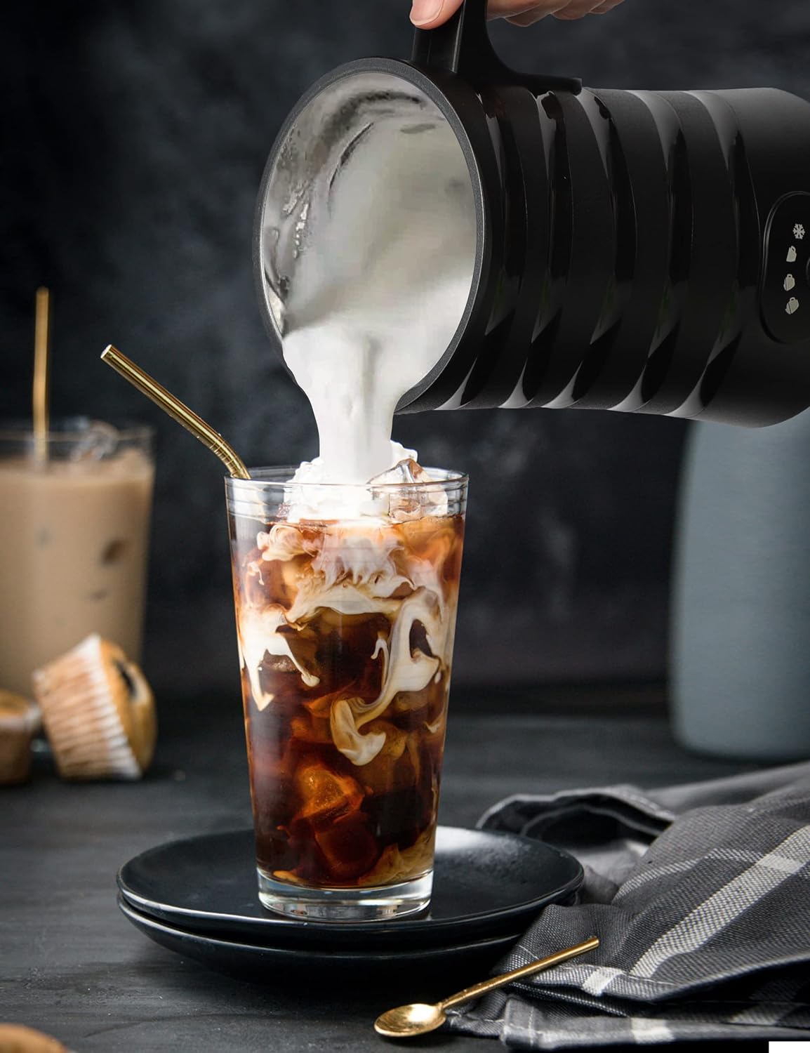 Aparat de spumat lapte 4 in 1 Morfone, 400W, Spumare Cald si Rece, Ideal pentru Latte, Ciocolata, Cappuccino, Frappe,  260 ml, negru