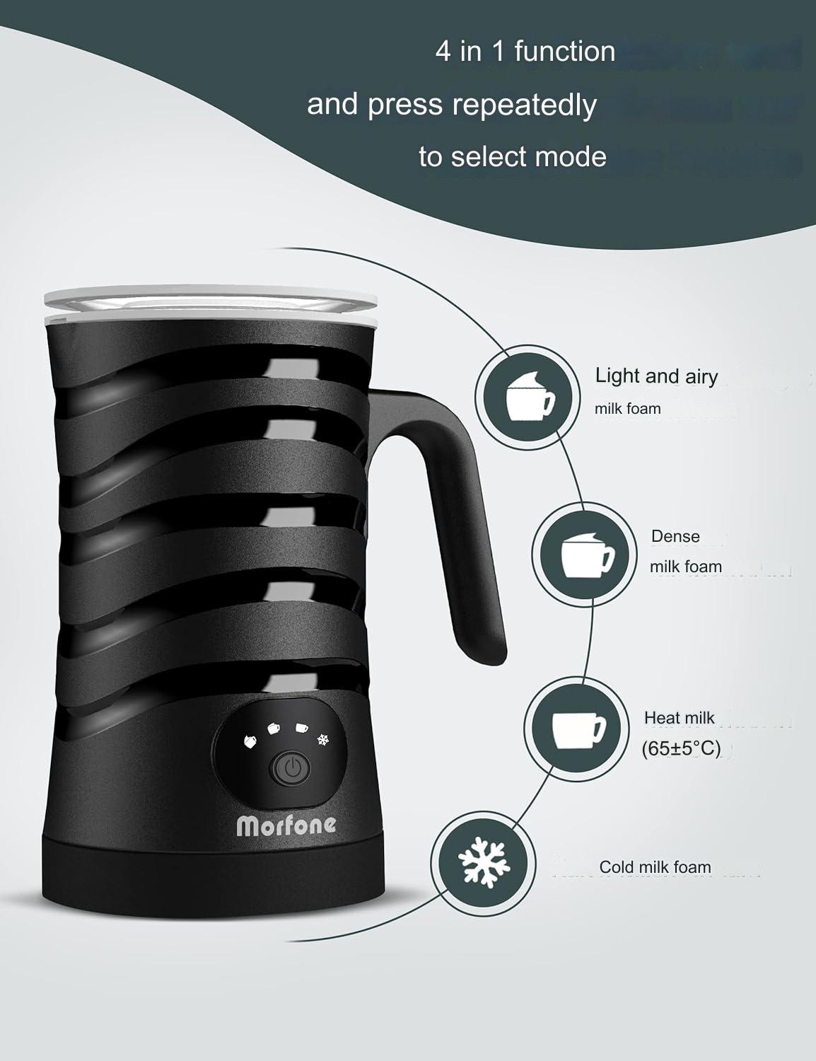 Aparat de spumat lapte 4 in 1 Morfone, 400W, Spumare Cald si Rece, Ideal pentru Latte, Ciocolata, Cappuccino, Frappe,  260 ml, negru