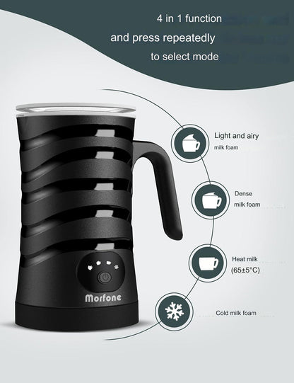 Aparat de spumat lapte 4 in 1 Morfone, 400W, Spumare Cald si Rece, Ideal pentru Latte, Ciocolata, Cappuccino, Frappe,  260 ml, negru