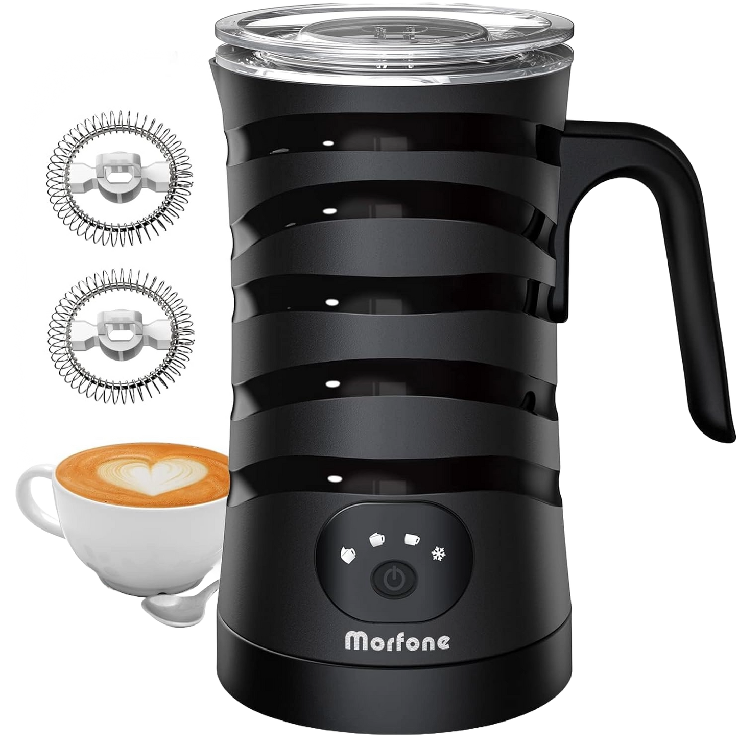 Aparat de spumat lapte 4 in 1 Morfone, 400W, Spumare Cald si Rece, Ideal pentru Latte, Ciocolata, Cappuccino, Frappe,  260 ml, negru